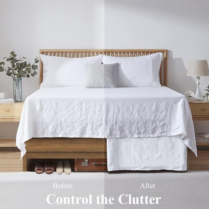 Simple&Opulence Belgian Linen Bed Skirt with Classic 14 inch Tailored Drop Dust Ruffle, Easy Fit Breathable Premium Natural Flax- Basic White, Queen
