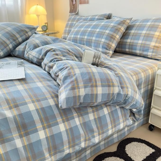 LifeTB Blue Plaid Duvet Cover Twin Soft 100% Washed Cotton Gingham Bedding Set Reversible Buffalo Grid Duvet Cover with 2 Pillowcases Cozy Breathable Plaid Checkered Comforter Cover for Teen Boys