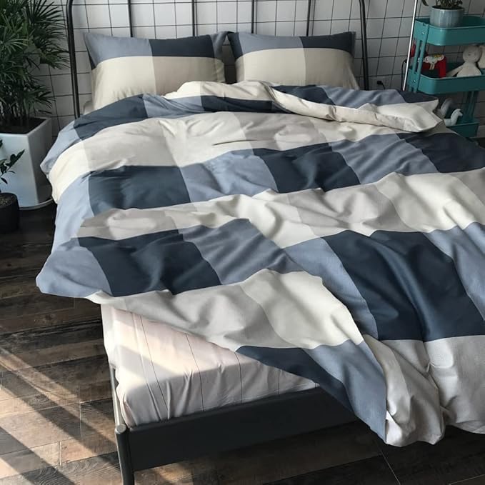 Cotton Plaid Duvet Cover Full Size Geometric Grid Checkered Bedding Sets Full Modern Style 3 Piece Plaid Comforter Cover for Men Women Cotton Grid Duvet Cover Full Bedding Sets with Zipper Ties