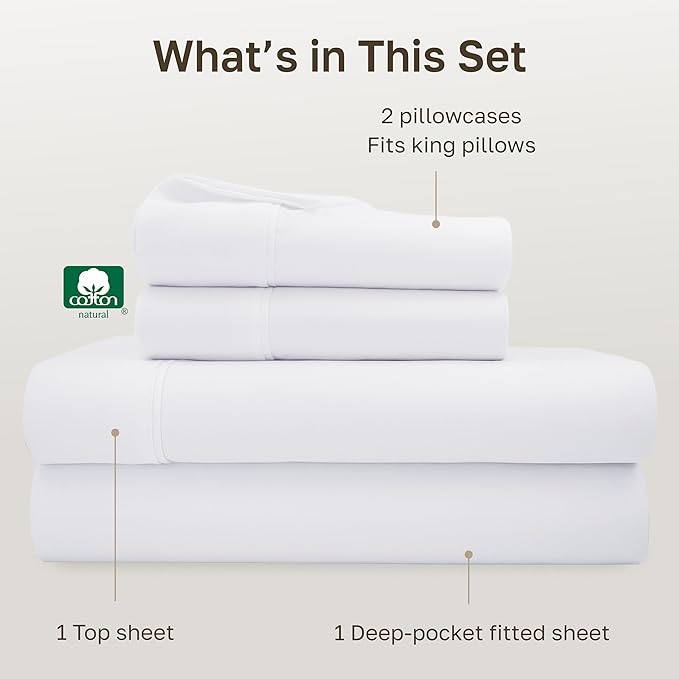 California Design Den King Size Sheets Set - Soft 400 Thread Count Sateen, Natural 100% Cotton Sheets King Size, Deep Pockets with All Around Elastic for a Snug Fit, Durable Bedding - White