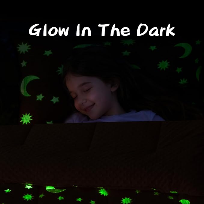 A Nice Night Star Moon Plush Zippered Comforter Set Zipper Bedding Glow in The Dark for Child, Twin,Pink