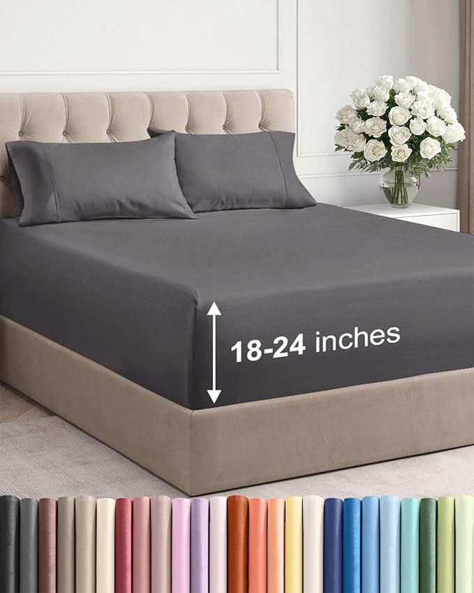 Extra Deep Twin Sheet Set - 4 Piece Breathable and Cooling Sheets - Hotel Luxury Bedding for Women, Men, Kids & Teens - Easy & Secure Fit - Soft, Wrinkle Free and Comfy w/ Extra Deep Pockets - Grey