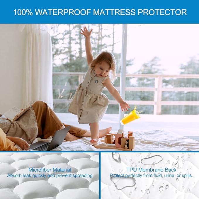 King Size Quilted Fitted Waterproof Mattress Pad, Premium Hollow Material Filling Mattress Protector, Breathable, Quiet, Cooling, Machine-Washable Mattress Cover with 21” Deep Pocket