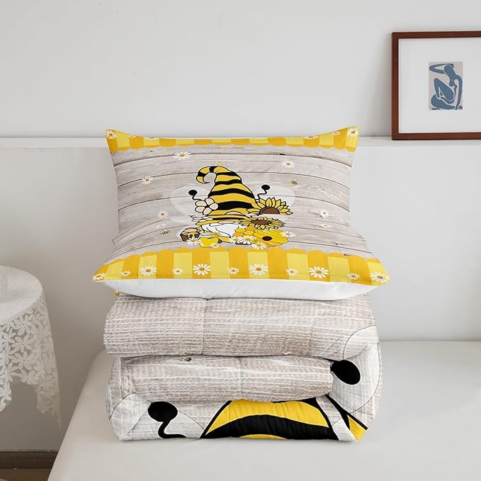 Erosebridal Bee Gnome Comforter Set King, Sunflower Daisy Floral Bedding Set for Kids Boys Girls, Honeycomb Honey Can Duvet Set Home Room Decor, Yellow Farm Cartoon Soft Down Comforter 3 Pcs
