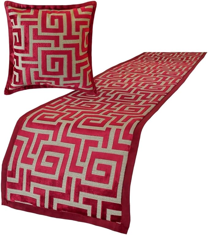 The HomeCentric King/Queen/Twin Red Decorative Queen 74"x18" Bed Runner with 2 Pillow Cover, Maze Bed Scarf on Velvet Fabric - Path