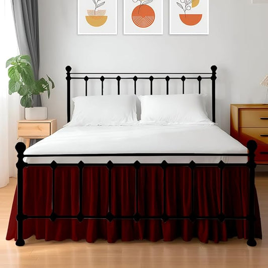 Shreem Linen Ruffled Bed Skirt with Split Corners, Gathered Style, 100% Microfiber, 15-Inch Drop, Dust Ruffle Bedskirt with Platform, Queen-XL, Burgundy