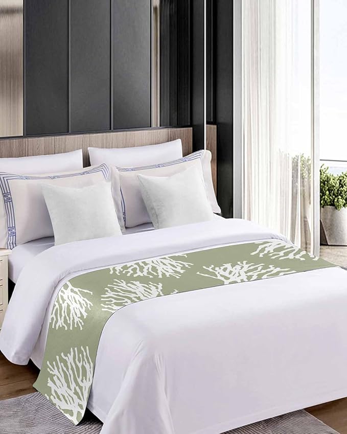 Coral Sage Green Bed Runner Scarf for Twin Size Bed Foot,Decorative Bedding Accessory Stainproof & Dustproof Soft Protector For Bedroom Wedding Room Coastal White Ocean Marine Nautical Beach 71"x20"