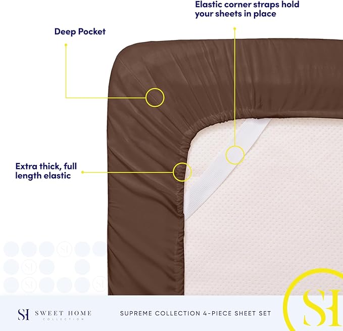 Split King Sheets - Breathable Luxury Sheets with Full Elastic & Secure Corner Straps Built In - 1800 Supreme Collection Extra Soft Deep Pocket Bedding Set, Sheet Set, Split King Size, Brown