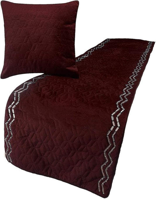 The HomeCentric King Queen Twin Deep Wine Luxury Queen 74"x18" Bed Runner with 2 Pillow Cover, Quilted & Crystals Bed Scarf on Velvet Fabric - Diamond Symphony