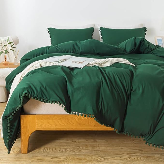 TanNicoor Pom Fringe Duvet Cover Set - 3 Piece Natural Ultra SOFE Color Washed Microfiber Bedding Set, Modern Style Down Comforter Quilt Cover with Zipper Closure(Twin, Emerald Green)