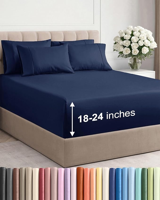 Extra Deep Full Sheet Set - 6 Piece Breathable and Cooling Sheets - Hotel Luxury Bedding for Women, Men, Kids & Teens - Easy Secure Fit - Soft, Wrinkle Free and Comfy - Extra Deep Pockets - Navy Blue
