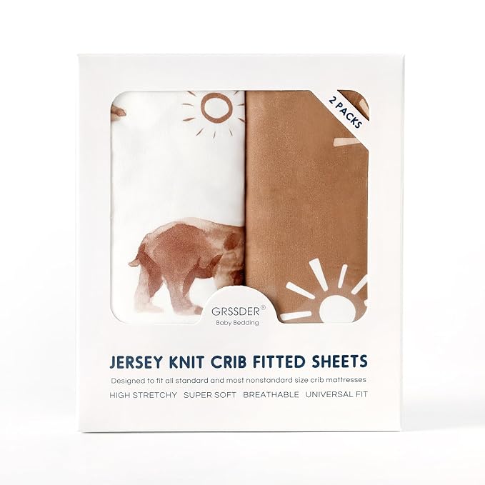 GRSSDER Stretchy Ultra Soft Jersey Knit Fitted Crib Sheets Set 2 Pack, Fit All Standard Crib Mattress Pads Safe and Snug, Crib Fitted Sheet for Boys and Girls, Stylish Print of Sunny Bear