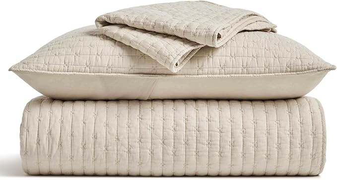 EVERGRACE Cross Stitch Pre-Washed Cotton Quilt Bedding Set King Size, Oversized 3 Pieces Lightweight Bedspread Coverlet for All Season, with 2 Matching Shams, Flax Beige,108"x96"
