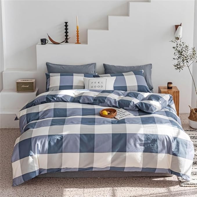 Plaid Comforter Set Full Modern Style Checkered Pattern Comforter for Men Boys Blue White Grey Geometric Comforter with 2 Pillowcases Soft Fluffy 3 Pieces Lightweight Bedding Set Full Comforter Set