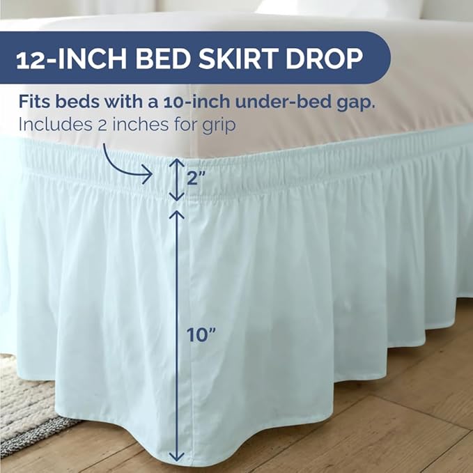 Wrap Around Dust Ruffle Bed Skirt - Ice Blue - for Full Size Beds w/ 12 Inch Drop - Easy Fit Elastic Strap - Adjustable Pleated Bedskirt w/Brushed Fabric - Wrinkle Free - for Women, Men, Kids & Teens