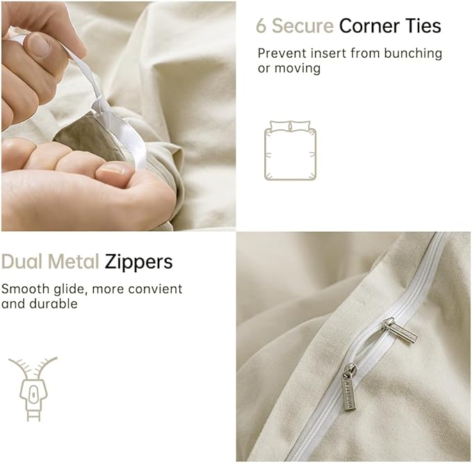 JELLYMONI Cotton Duvet Cover Queen Size - 100% Washed Cotton Linen Like Textured Comforter Cover, 3 Pieces Breathable Soft Bedding Set with Zipper Closure (Light Khaki, Queen 90"x90")