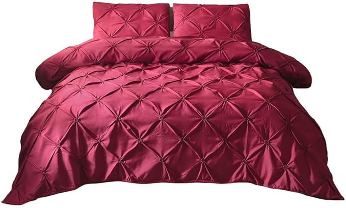 Feelyou Pinch Pleated Duvet Cover with Zipper Closure Pintuck Comforter Cover Set Twin Size Luxurious Pintuck Tufted Bedding Set Solid Red Microfiber Bedspread Cover with 1 Pillow Shams Soft