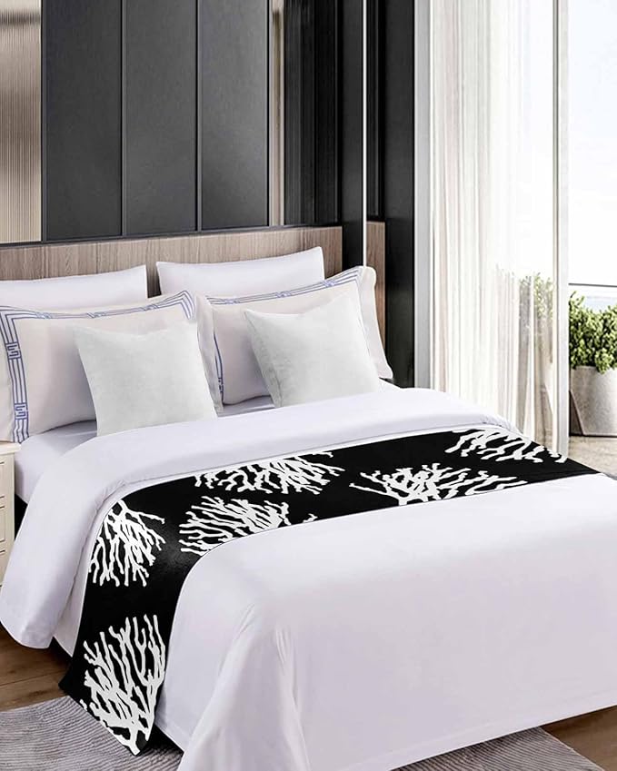 Coral Black Bed Runner Scarf for Twin Size Bed Foot,Decorative Bedding Accessory Stainproof & Dustproof Soft Protector For Bedroom Hotel Wedding Room Coastal White Ocean Marine Nautical Beach 71"x20"
