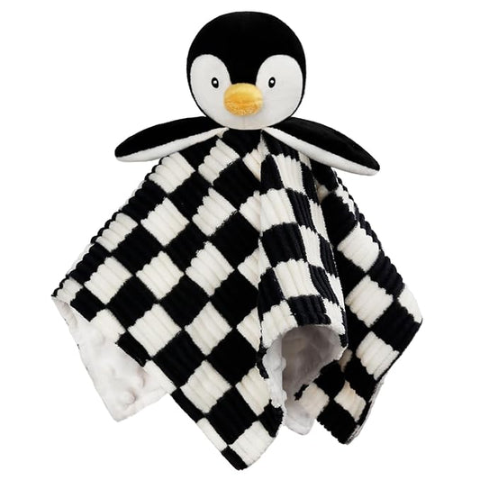 Baby Lovey Blanket for Boys Girls Super Soft Checkerboard Gingham with Minky Dot Fabric Backing Penguin Stuffed Animal Lovely Snuggle Toy Black 14 Inch