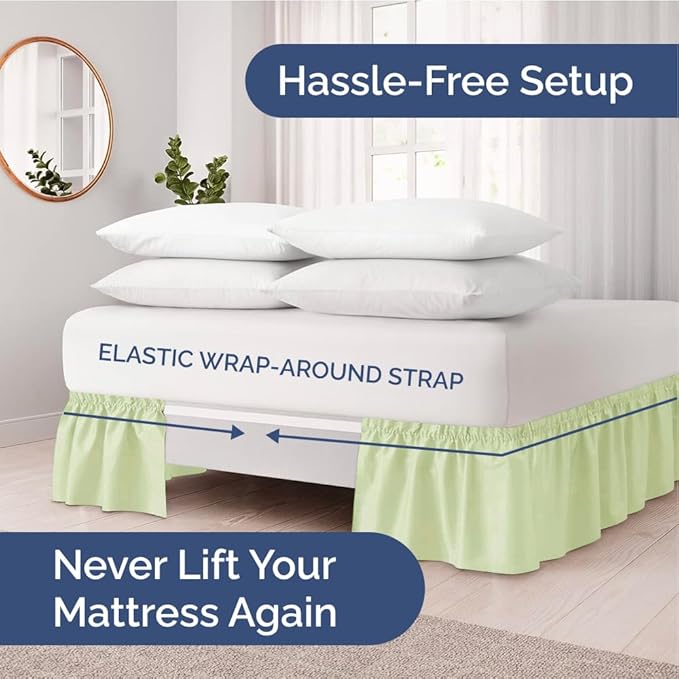 Wrap Around Dust Ruffle Bed Skirt - Light Sage - for Full Size Beds w/ 12 Inch Drop - Easy Fit Elastic Strap - Adjustable Pleated Bedskirt w/Brushed Fabric - Wrinkle Free, Women, Men, Kids & Teens