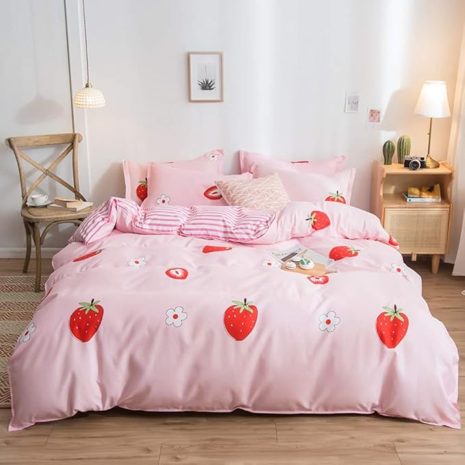 Girls Bedding Set Pink Strawberry Duvet Cover Set Sweet Strawberry Floral Print Comforter Cover Set Cute Fruit Theme Bedspread Cover with Zipper,Luxury Reversible Stripes Bedding(Queen,Strawberry)