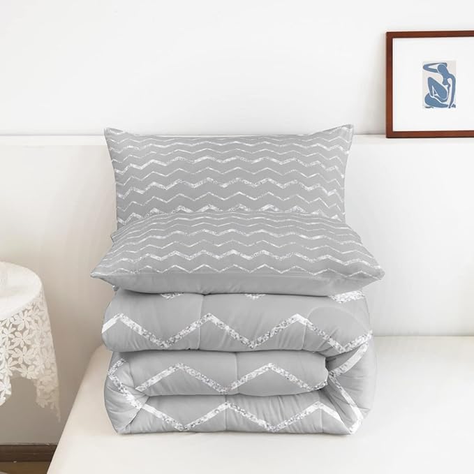Feelyou Grey Comforter Set Full Size for Teen Girls Boys Women, Gray and Silver Bedding Set, 3 Piece Lightweight Microfiber Reversible Comforter (1 Comforter + 2 Pillow Shams)