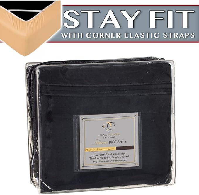 Clara Clark 1800 Series Bed Sheet Sets - Stay fit on Mattress with Elastic Straps at Corners - King, Black