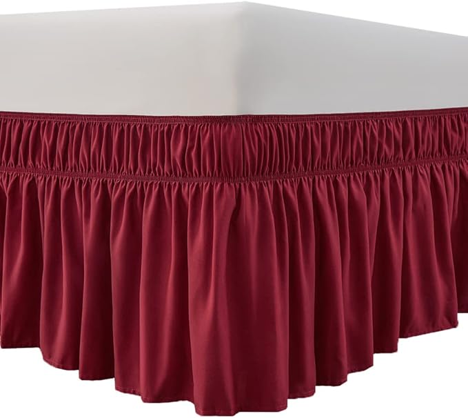 MEILA Wrap Around Bed Skirt Three Fabric Sides Elastic Dust Ruffled 16 Inch Tailored Drop,Easy to Install Fade Resistant-Burgundy, Twin/Full
