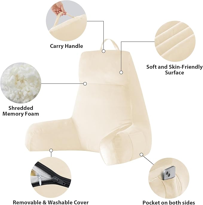 Back Pillow for Bed Sitting up, Reading Pillow for Sitting in Bed Adult, Back Support Pillow, Memory Foam Sit up Lounge Backrest Pillow with Arms for TV, Couch, Chair, Dorm, 24 Inch, Beige