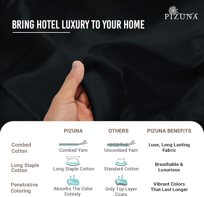 Pizuna Pure 100% Cotton Sheets King Size, Luxurious 400 Thread Count Long Staple Cotton Sateen Sheets with 15" Deep Pocket (Combed Black Sheet King)