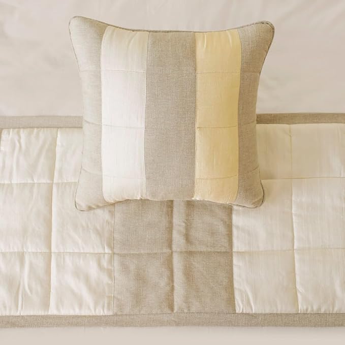 The HomeCentric King/Queen/Twin Beige Decorative Twin 53"x18" Bed Runner with 2 Pillow Cover, Color Block, Patchwork, Quilted, Silk, Linen & Striped Bed Scarf on Linen & Silk Fabric - Alikka