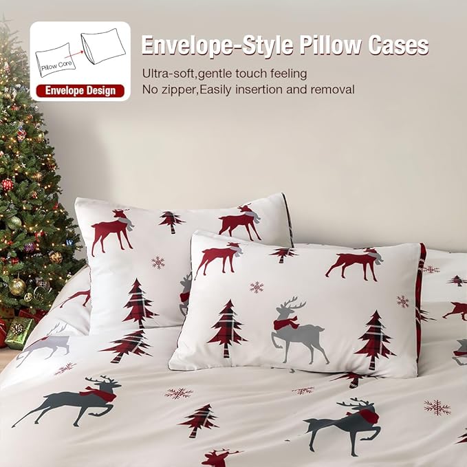 Lekesky Christmas Duvet Cover King Size,3 Pieces Reversible Red Plaid Reindeer Snowflake Holiday Bedding Set with Zipper Closure and Corner Ties(1 Duvet Cover 104x90 inches + 2 Pillowcases)