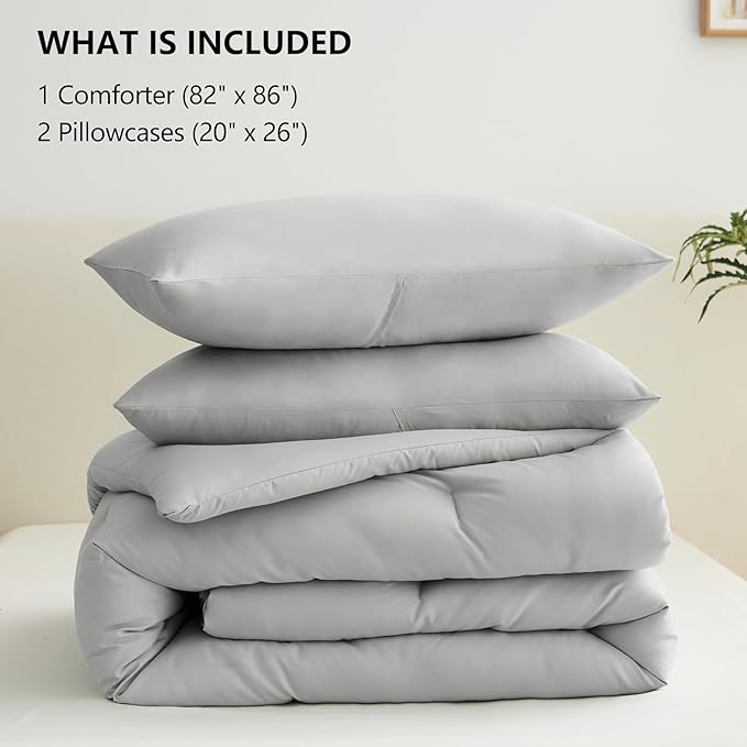 CozyLux Light Grey Full Size Comforter Set, 3 Pieces Light Gray Solid Breathable Quilted Bedding Sets, Luxury Soft Bed Set with Down Alternative Comforter All Season (1 Comforter & 2 Pillowcases)