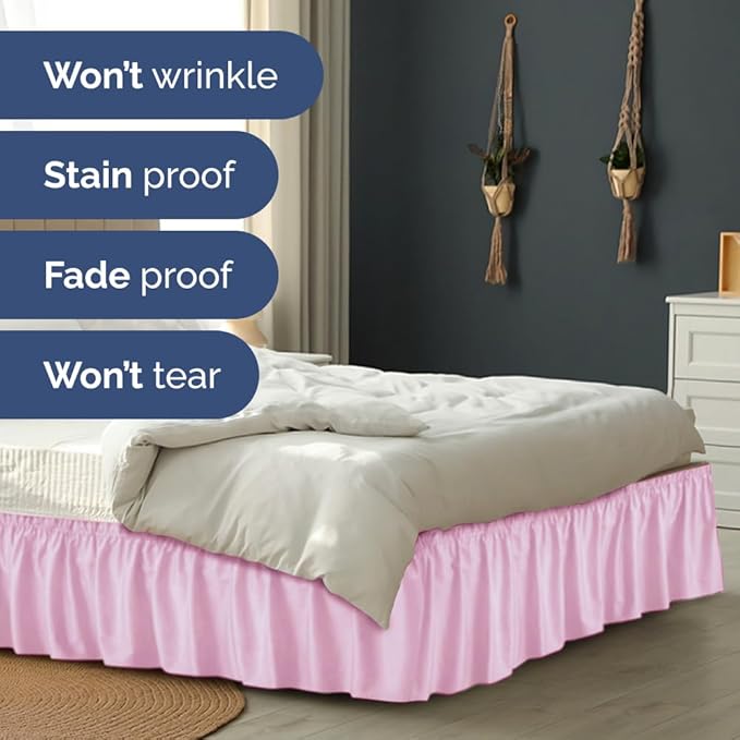 Wrap Around Dust Ruffle Bed Skirt - Light Pink - for Queen Size Beds with 24 Inch Drop - Elastic Strap - Adjustable Pleated Bedskirt with Brushed Fabric and Wrinkle Free - For Women, Men, Kids & Teens