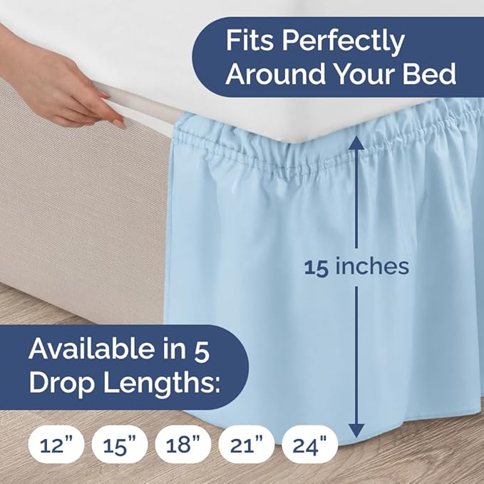 Wrap Around Dust Ruffle Bed Skirt - Light Blue - Twin/Twin XL Size Beds with 15 Inch Drop - Elastic Strap - Adjustable Pleated Bedskirt with Brushed Fabric and Wrinkle Free - Women, Men, Kids & Teens