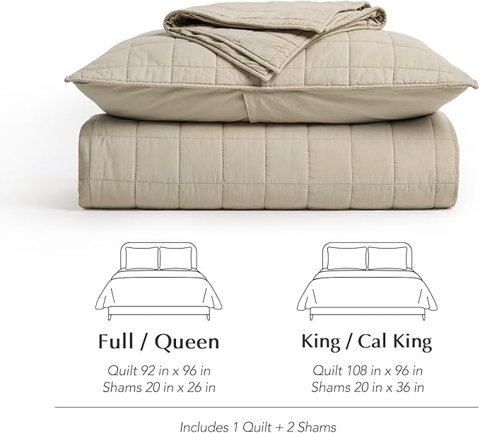 EVERGRACEHOME 100% Cotton Box Stitch Quilt Bedding Set Queen Size 3 Pieces, Garment-Washed Lightweight Soft Cozy Coverlet, Quilted Bedspread Sets with 2 Shams for All Season, Pebble Khaki