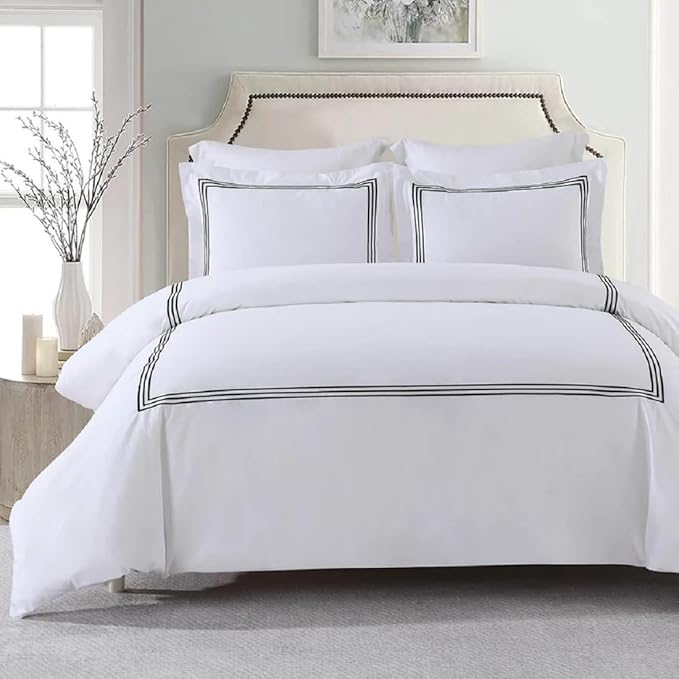 Royal Hotel Bedding Embroidered Adeline 2pc Comforter Cover with Pillow Sham, Duvet Cover Set, 100% Cotton Percale, Twin/Twin XL, White and Black
