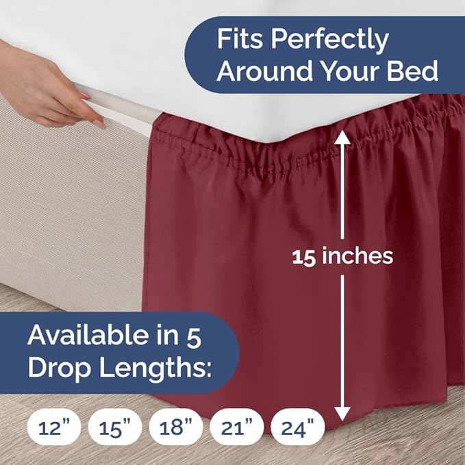 Wrap Around Dust Ruffle Bed Skirt - Burgundy - Twin/Twin XL Size Beds with 15 Inch Drop - Easy Fit Elastic Strap - Adjustable Pleated Bedskirt w/Brushed Fabric Wrinkle Free - Women, Men, Kids & Teens