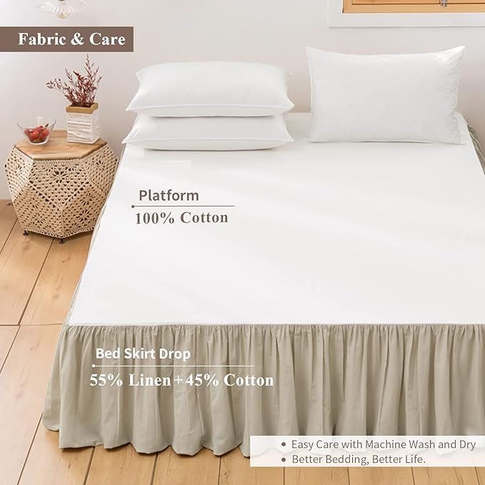 BISELINA French Linen Bed Skirt with Pleated Frills 14-Inch Tailored Drop Natural Flax Cotton Blend Dust Ruffle Soft Cozy Farmhouse Bedding (14" Queen, Linen)