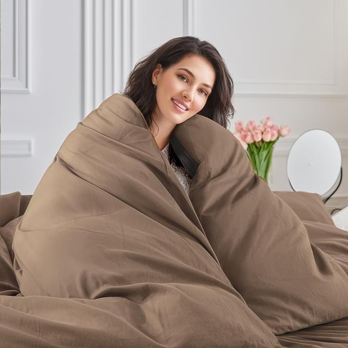 NEXHOME PRO 100% Washed Cotton Duvet Cover Twin Size, Ogranic Natural Linen Feel Breathable Bedding Set with Zipper Closure, 2 Pieces Duvet Cover Set Toffee (No Comfortert) 6890