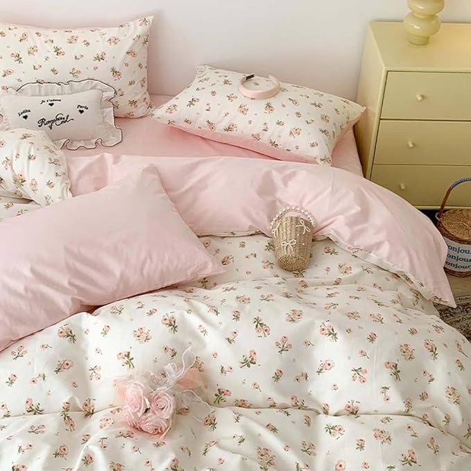 Nayoroom Pink Floral Duvet Cover Queen Size Reversible Green Botanical Leaf Printed on White Spring Comforter Cover 3Pcs Soft Microfiber Aesthetic Cottagecore Bedding Set Gift for Women Girls