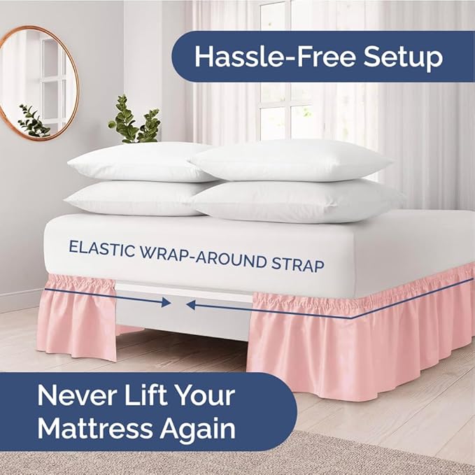Wrap Around Dust Ruffle Bed Skirt - Baby Pink - Twin/Twin XL Size Beds w/ 12 Inch Drop - Easy Fit Elastic - Adjustable Pleated Bedskirt w/Brushed Fabric - Wrinkle Free - Women, Men, Kids & Teens