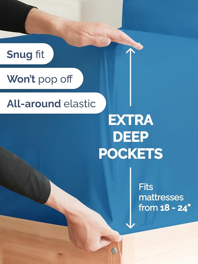 Extra Deep Split King Sheet Set - 7 Piece Breathable and Cooling Sheets - Hotel Luxury Bedding for Women, Men, Kids & Teens - Easy Secure Fit - Soft & Wrinkle Free - Extra Deep Pockets - Denim Blue