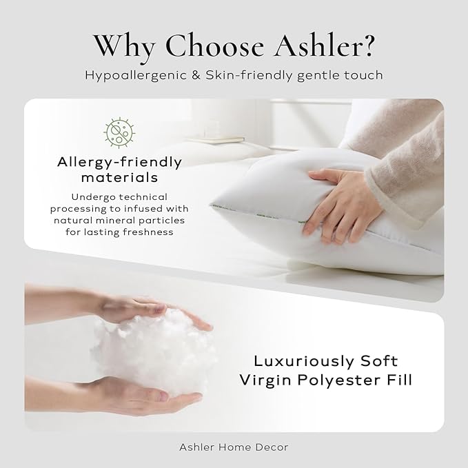 Ashler Home Deco Throw Pillow Inserts (Pack of 4, 16 x 16 Inches, White) - Hypoallergenic 100% Virgin Fiber Square Form Microfiber Throw Pillows for Bed and Couch Pillows | Indoor Decorative Pillow