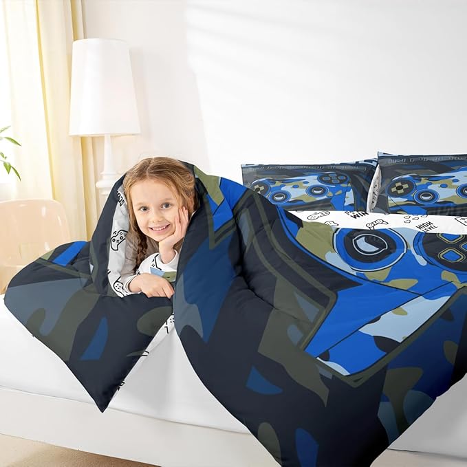 Boys Gaming Comforter Set Twin Size Teens Gamer Bedding Set Retro Blue Camouflage Video Game Controller Comforter For Kids Youth Bedroom Decor Gamer Console Action Buttons Duvet Set Microfiber