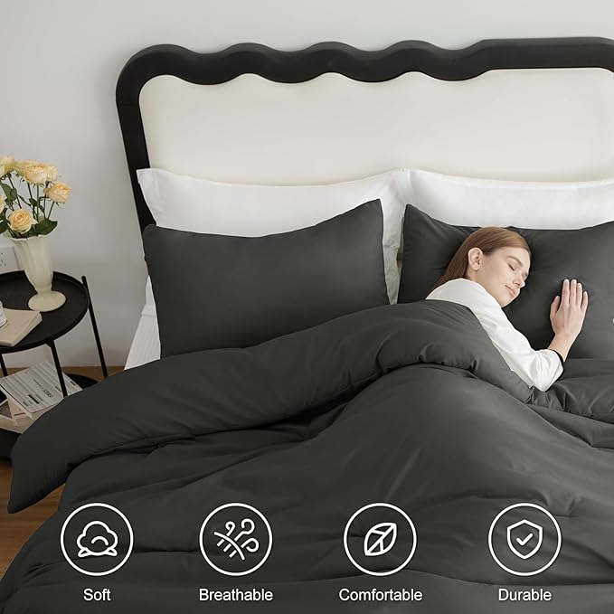 CozyLux Oversized Queen Comforter Set Dark Grey, 3 Pieces 98x98 Solid Breathable Quilted Style Bedding Sets All Season, Luxury Soft Down Alternative Comforter Bed Set (1 Comforter & 2 Pillowcases)