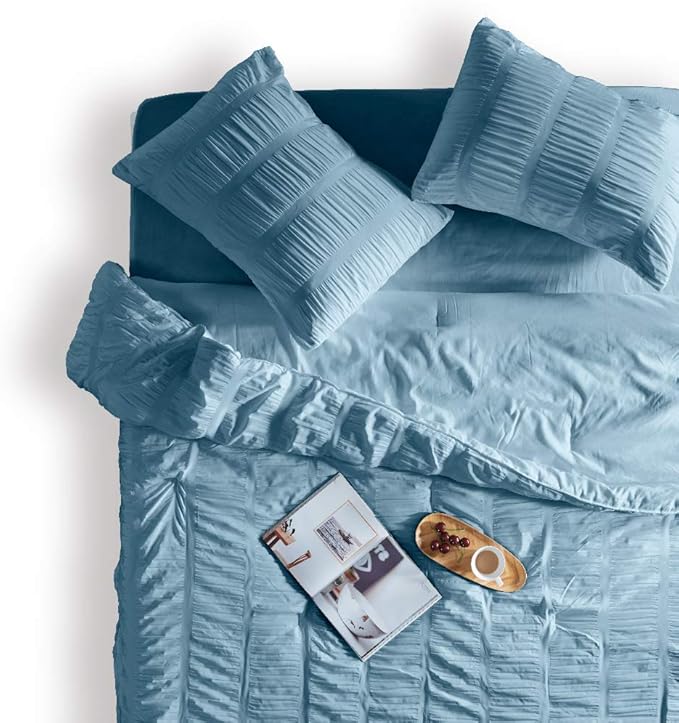 SLEEP ZONE Luxury Seersucker King Size Comforter Set 3-Piece, Soft & Lightweight Down Alternative Duvet Insert with Pillow Sham Cooling for Summer, Blue