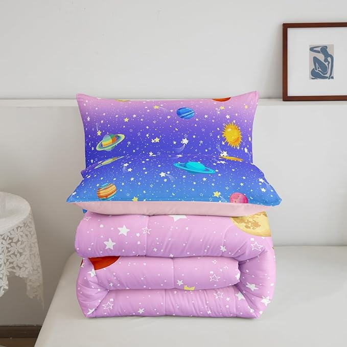 Erosebridal Cute Galaxy Comforter Set King for Boys Girls Kids Stars Planet Space Bedding Set Kawaii Rainbow Pastel Bedding Comforter Sets Pink Blue Purple Ombre Cartoon Quilt Duvet 2 Pillow Cases