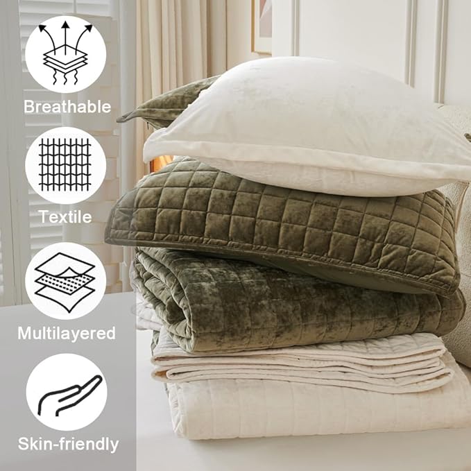Luxurious Velvet Quilt King Size Set 98" x106" Ultra Soft Bedding Set Quilted Bedspread Coverlet with 2 Matching Pillow Shams for All Seasons,Cream White