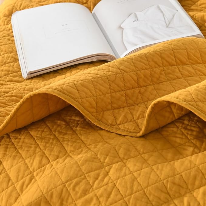 Cotton King Quilt Bedding Sets, 3 Pieces Reversible Lightweight Coverlets Comforters Bedspreads for All Seasons, Geometric Stitched Pattern,Yellow